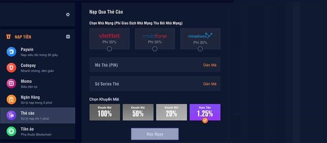 Bạn có thể lựa chọn tới 6 phương án để nạp tiền tại cổng game với thủ tục đơn giản